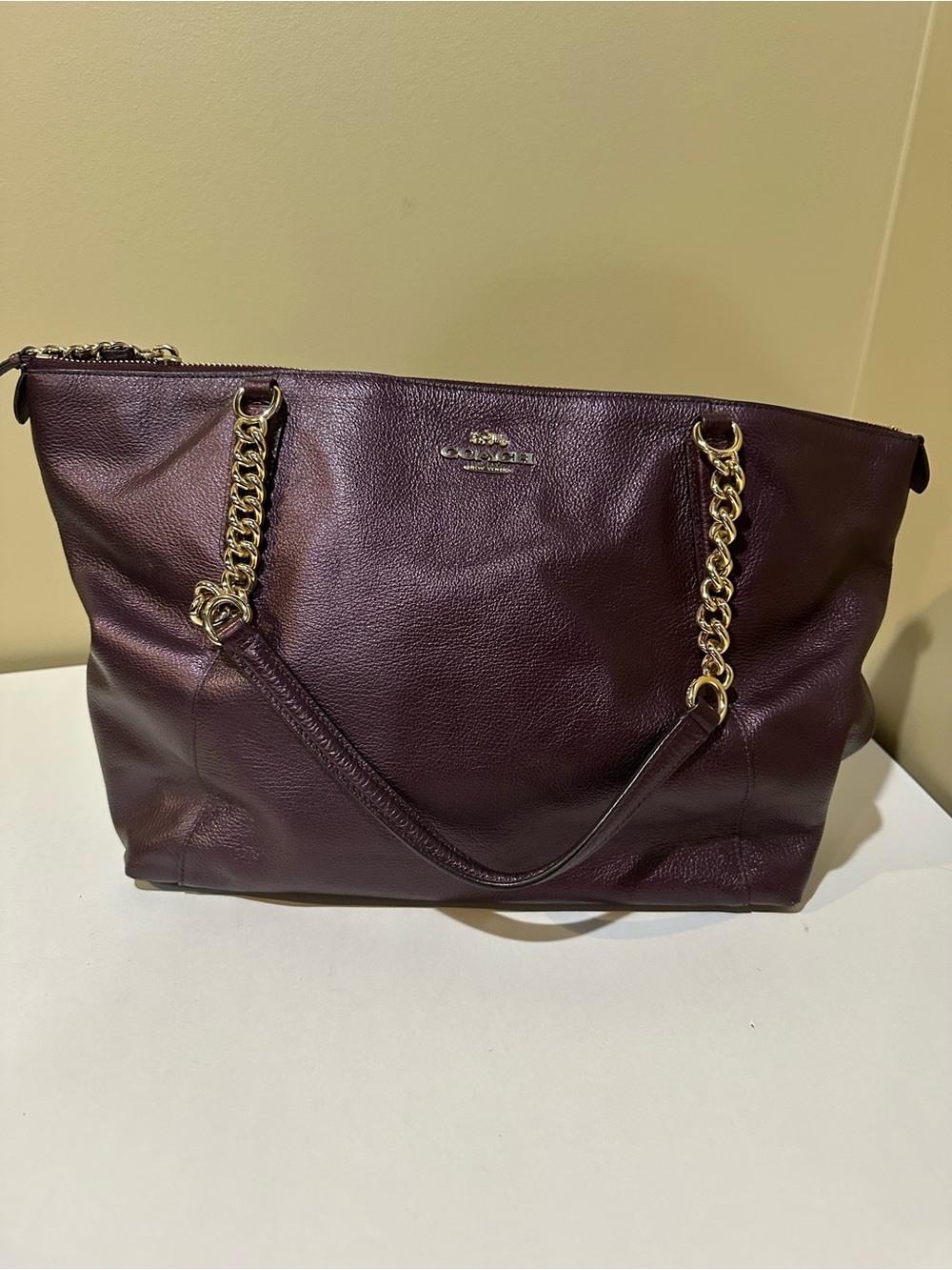 Coach Pebble Leather Tote in Plum with Gold Hardware